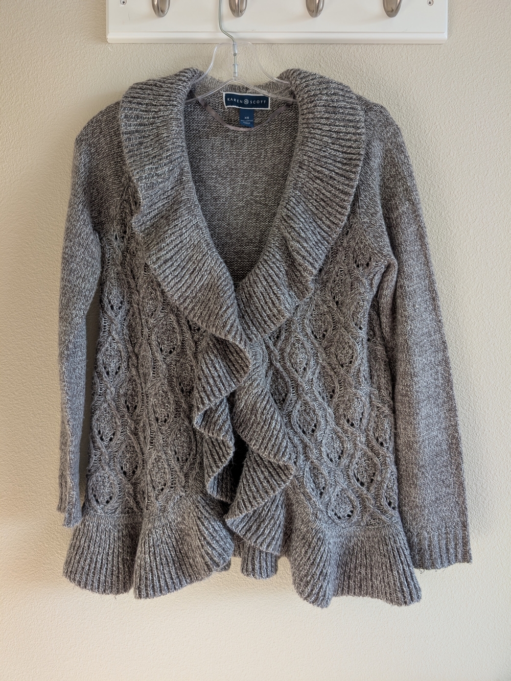 Karen Scott Gray Ruffled Cable-Knit Shawl Cardigan Sweater Size XS